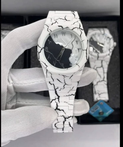 Men's Carbon Fiber White Mable Golden Design Arabic Aura Watch (With Free Box) Color: White