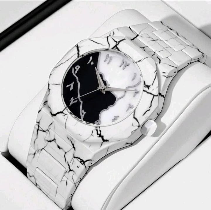 Men's Carbon Fiber White Mable Golden Design Arabic Aura Watch (With Free Box) Color: White