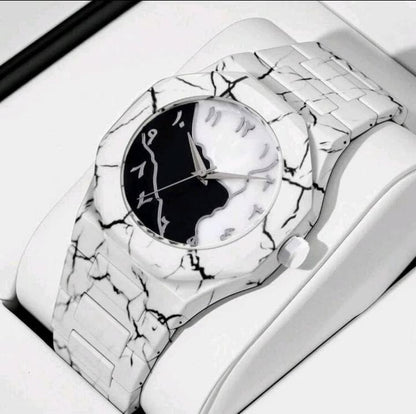 Men's Carbon Fiber White Mable Golden Design Arabic Aura Watch (With Free Box) Color: White