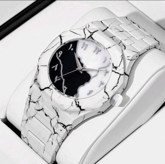 Men's Carbon Fiber White Mable Golden Design Arabic Aura Watch (With Free Box) Color: White