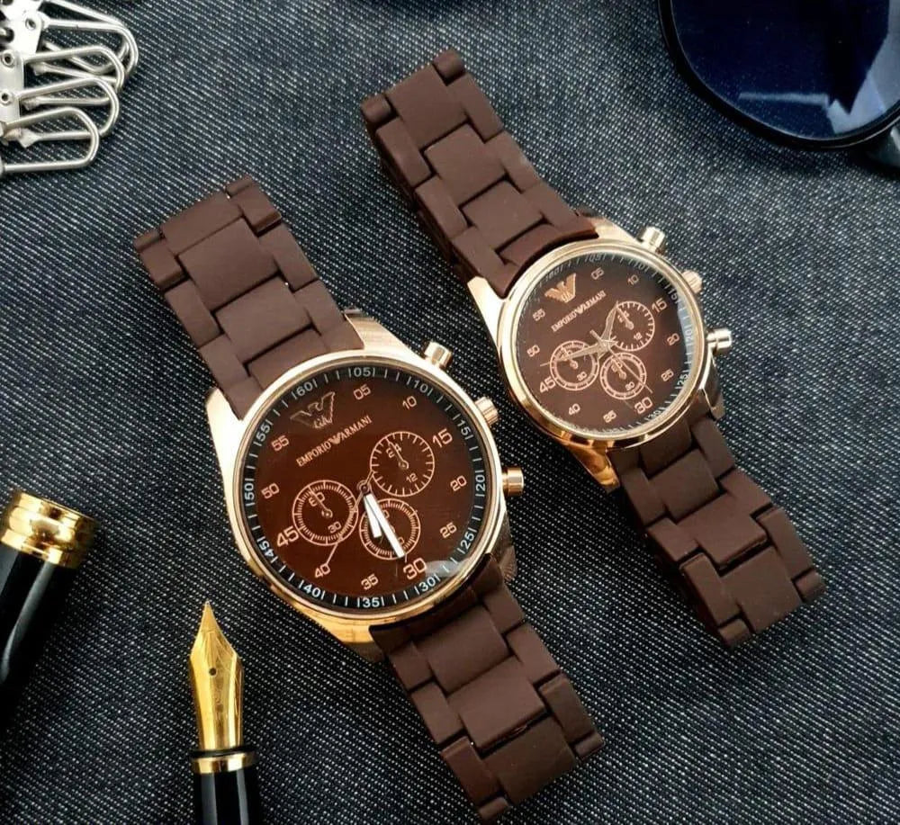Couple's Round Analogue Watch Set - 2 Pcs for Men & Women in Elegant Colors