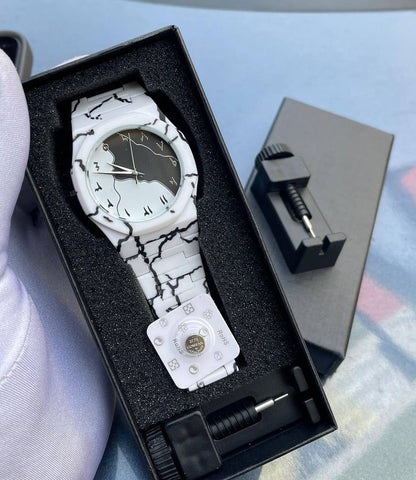 Men's Carbon Fiber White Mable Golden Design Arabic Aura Watch (With Free Box) Color: White
